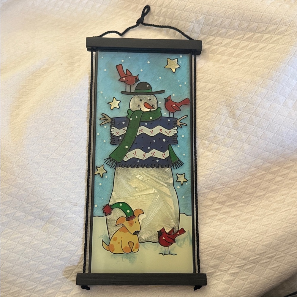 Vintage Joan Baker Designs Hand-Painted Glass Snowman Suncatcher Panel. Like New